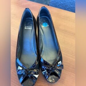 Stuart Weitzman Black Peep Toe Ballet Flats Patent Bow Size 7.5M EW01043